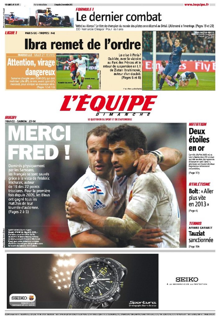 L'equipe Edition du 25 Novembre 2012